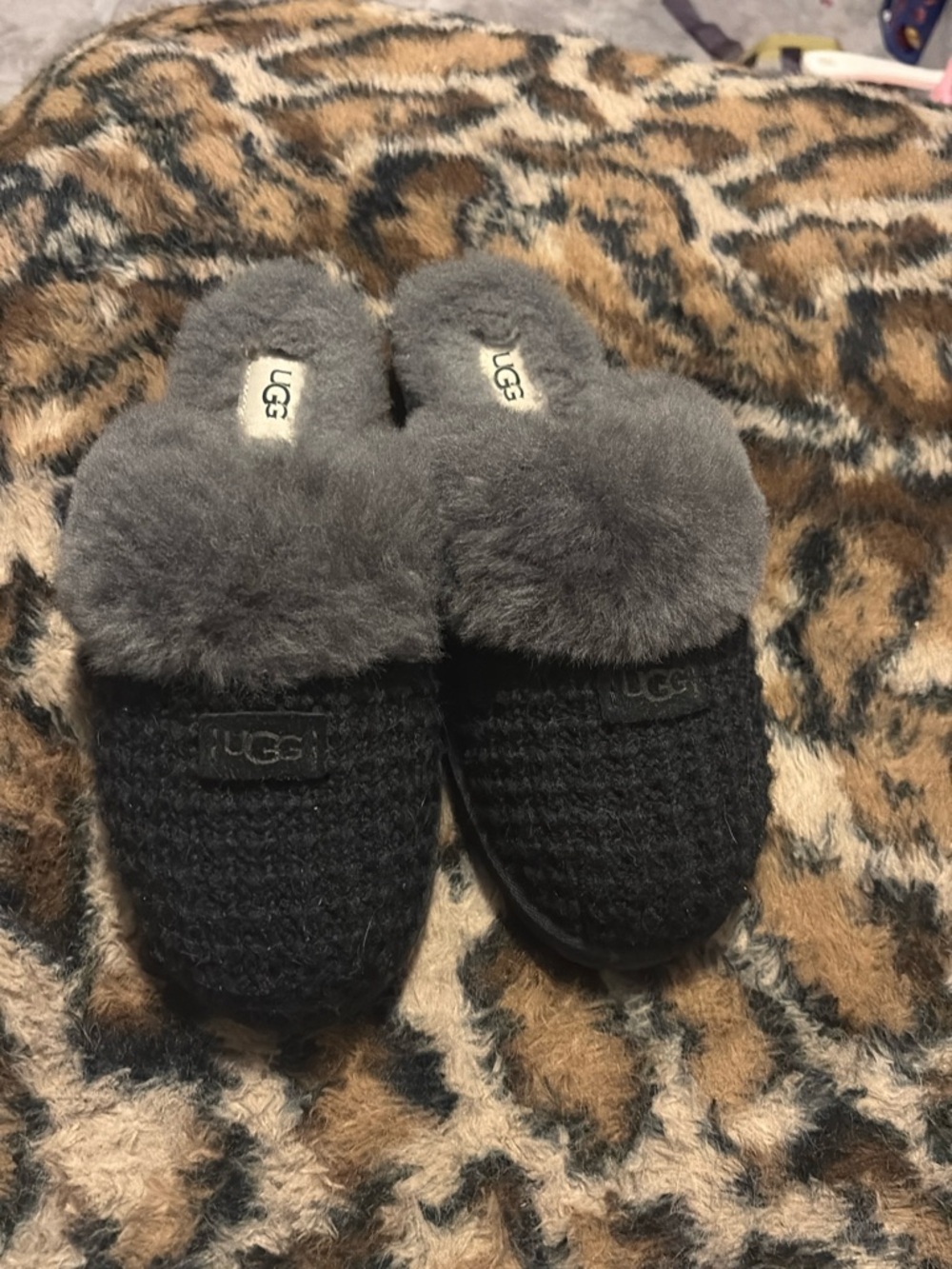 UGG Black Knit Slippers with Gray Shearling Cuff